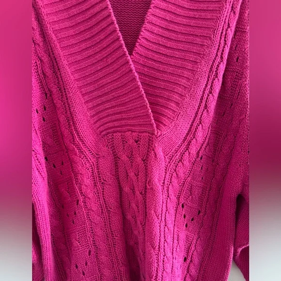 OHI Vintage Y2K Cable Knit Sweater Pink Deep V Neck Fit Sleeves slouchy style M - Picture 3 of 7